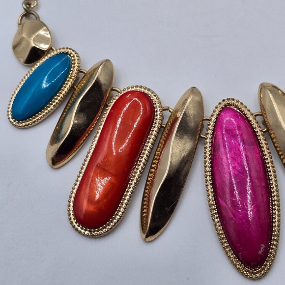 Statement Gold Tone Necklace Colorful Oval Pendants Womens Jewelry Boho Festival - Picture 4 of 7